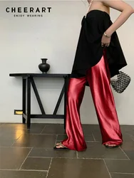 CHEERART Satin Wide Leg Pants For Women Korean Fashion Summer Trousers Baggy Pant Casual Bottoms