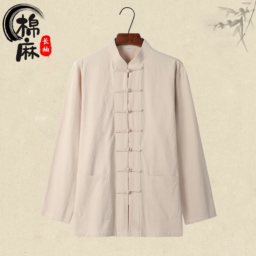 

Мужская рубашка в китайском стиле на весну и осень-лето, новая хлопково-льняная рубашка в стиле ретро с длинными рукавами, костюм Тан в стиле ретро