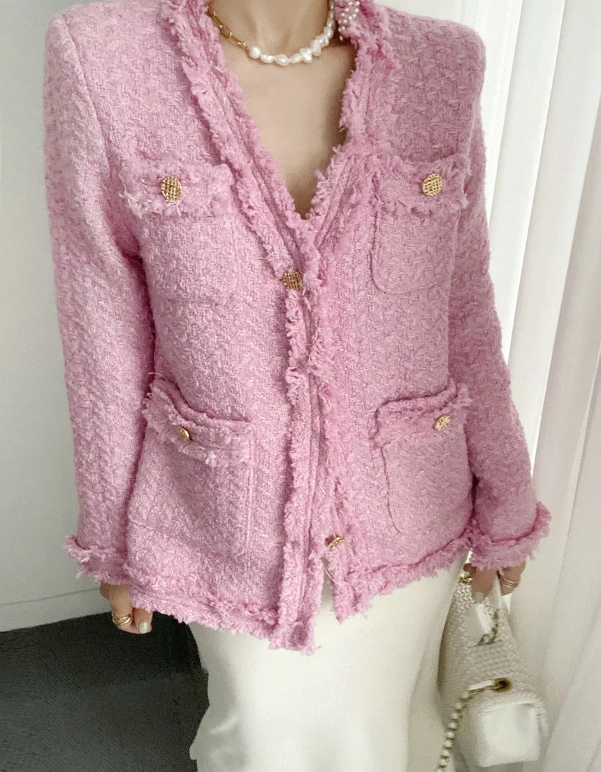 

Pink Woolen Jacket V-neck Tassel Metal Button Cotton Coat Long Sleeve Regular Length Pure Color Commute Style Winter Coat
