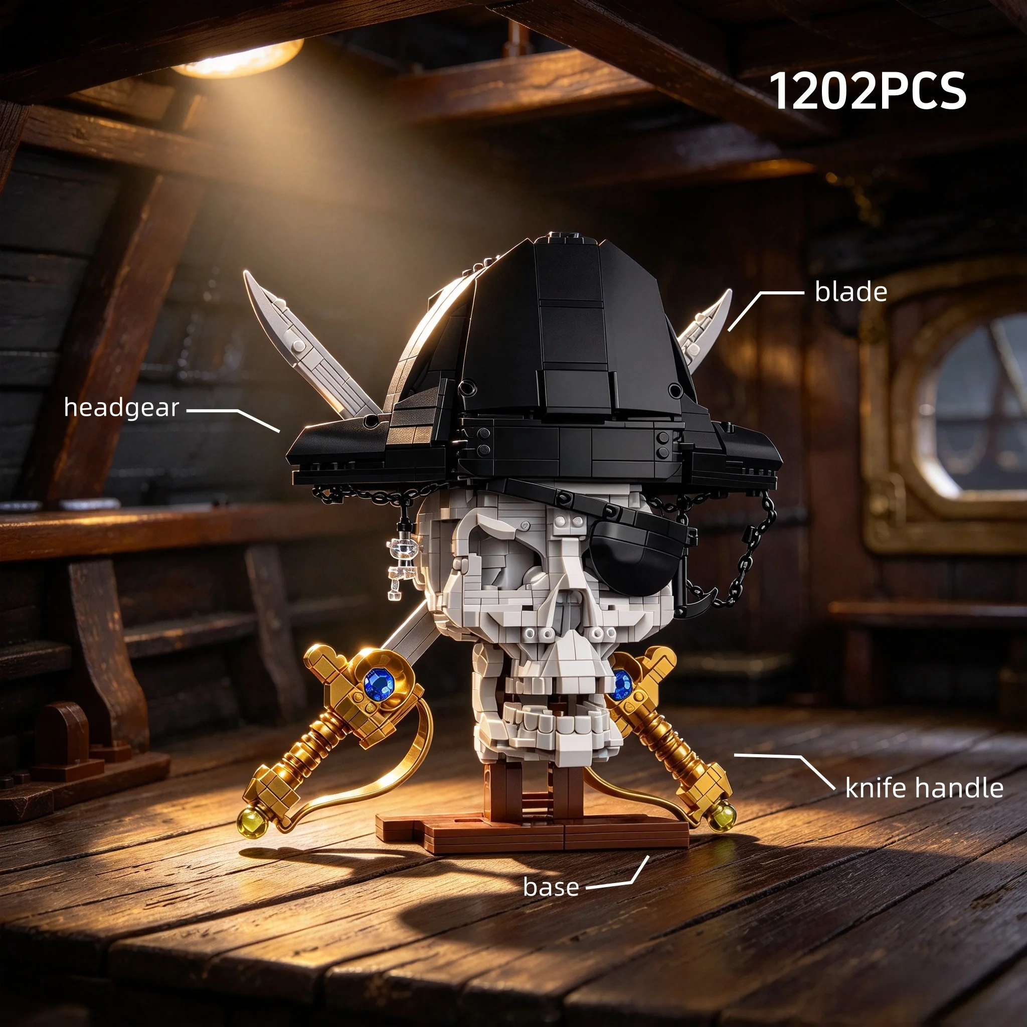 MOC Pirate Captain Skeleton Building Blocks with Double Edged Cutlass Desktop Decoration Collectible Toy Gift for Pirate Fans