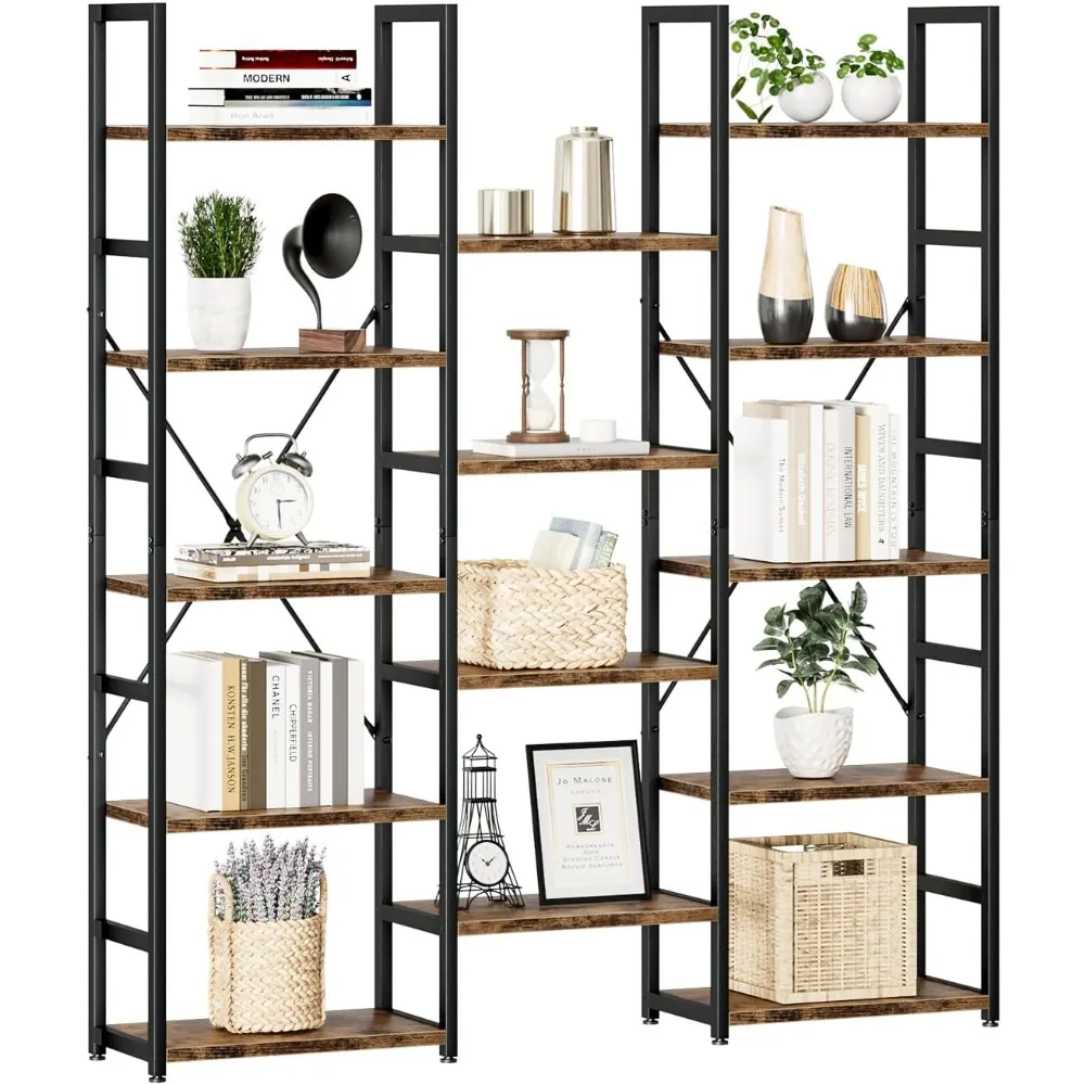 

Triple Column 5 Tier Bookshelf, Bookcase with 14 Open Display Shelves, Adjustable Rustic Industrial Style Book Shelves, Modern