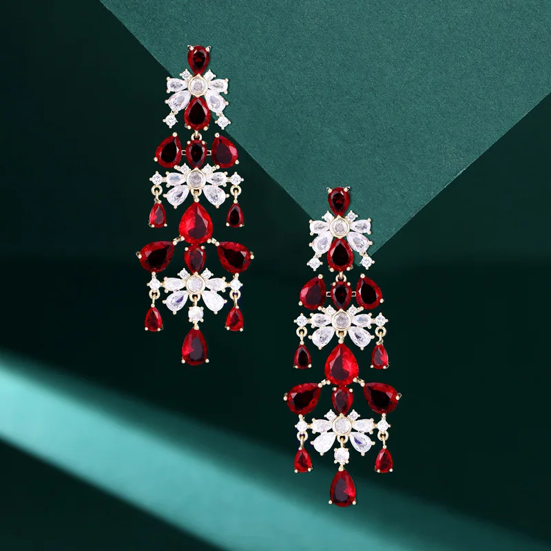 

Exaggerated Temperament Micro Pave Red Cubic Zirconia Stones Statement Luxury Long Tassel Earrings for Women Wedding Banquet