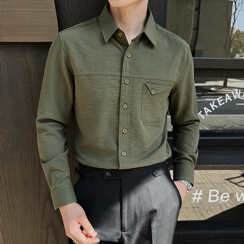 Outdoor Safari Style Cotton Cargo Shirts for Man Spring Autumn Long Sleeve Buttons Up Men Shirt Fashion Casual Mens Clothing