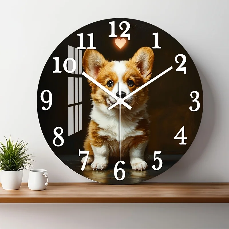 1pc Silent Wall Clock Non-Ticking Wooden, Decorative Circular Clock HD Glossy Lamination Finish Adorable Corgi Puppy with Glowin