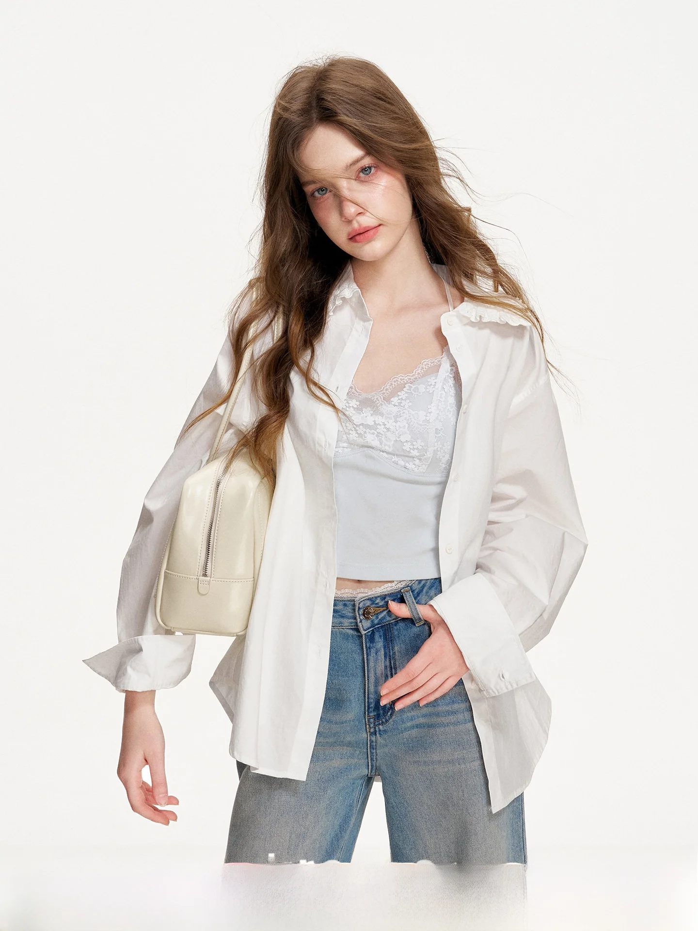 

Kroche Romantic 00% Cotton Lace Trim Loose Long Sve irt French Sle Embroidery Turn-down Collar Casual Women's Top