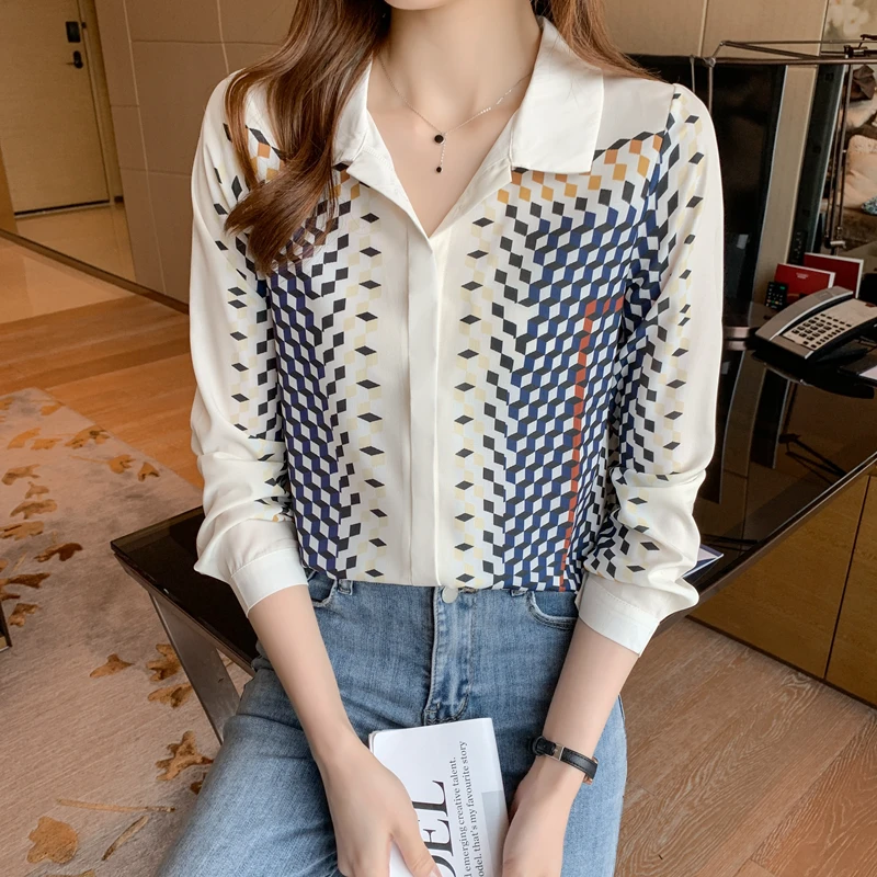 

Autumn Design Sense Niche Checkered Shirts Advanced Elegance Loose Office Lady Blouse Women Clothing Fashion Long Sleeve Tops