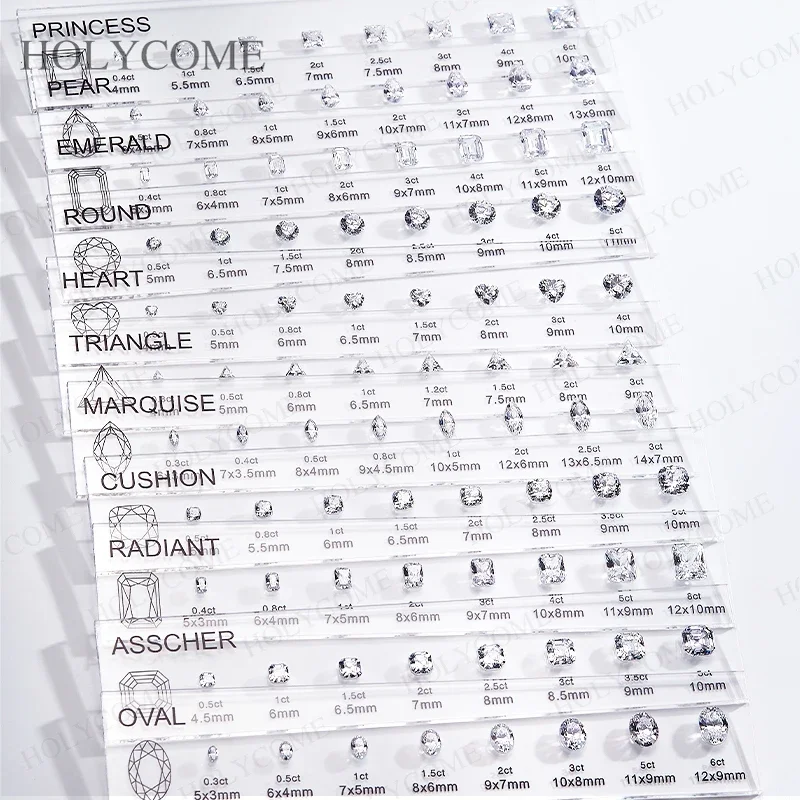 Aangepaste vergelijking grafiek kit set referentie verschillende mooie vormen edelsteen 5A zirkonia diamant karaat maten voor juwelierszaak