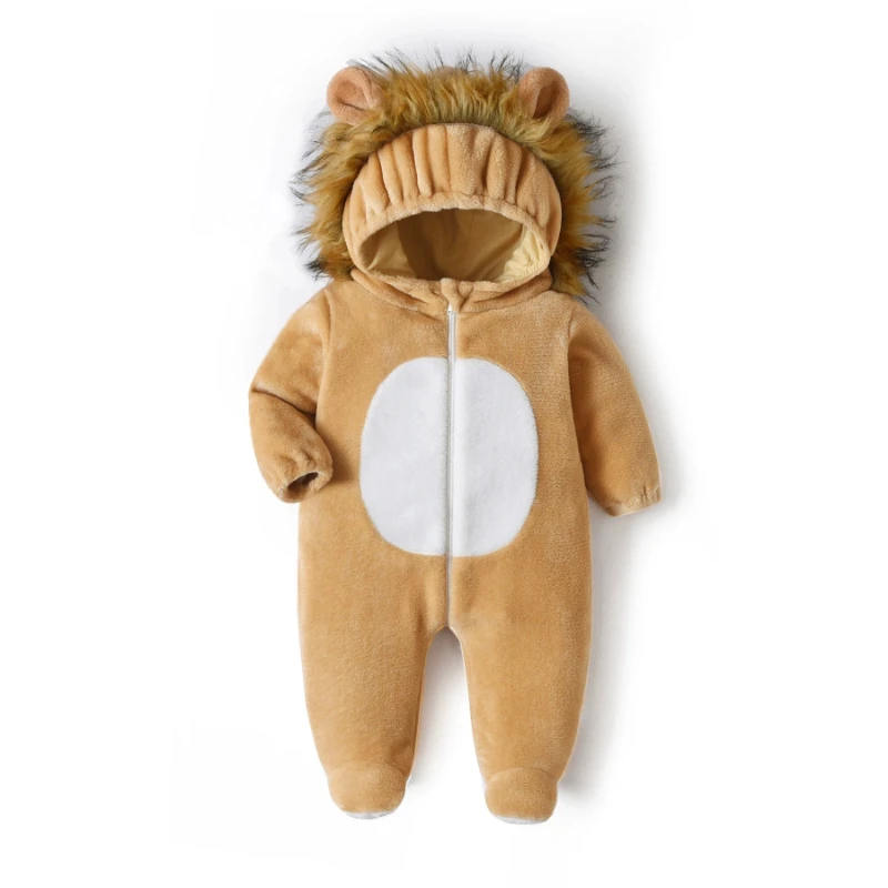Cute Lion Hooded Fleece Romper for Newborn Infant Toddler White Belly Paw Print Zip Up Jumpsuit Cosplay Costume Outfit Clothes