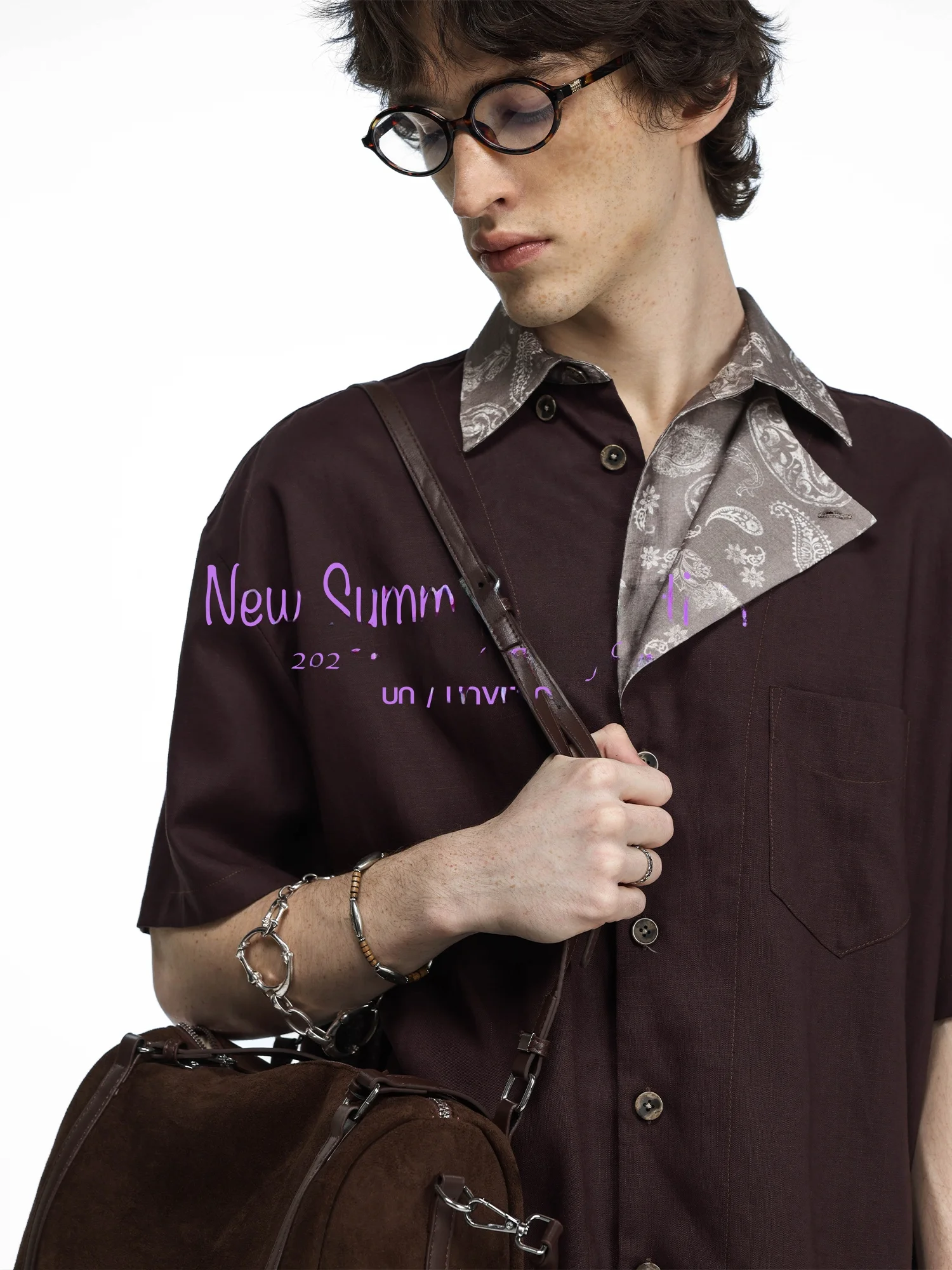 UnvesnoUN Mixed Fiber Linen Shirt Double Button Middle Age Walnut Flower Leserel Loose Fit Fashion Urban Style Short Sleeve