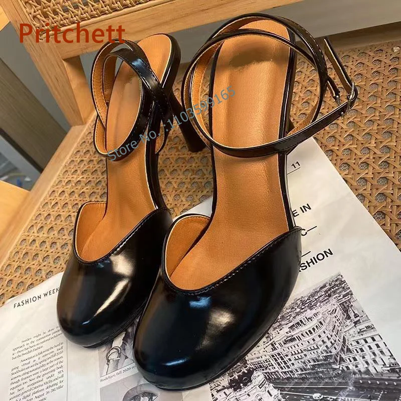 

Black Round Toe Shallow Pumps Thin Heels Buckle Strap Slingback Solid Women's Shoes Summer Retro Elegant Stiletto Dress Shoes