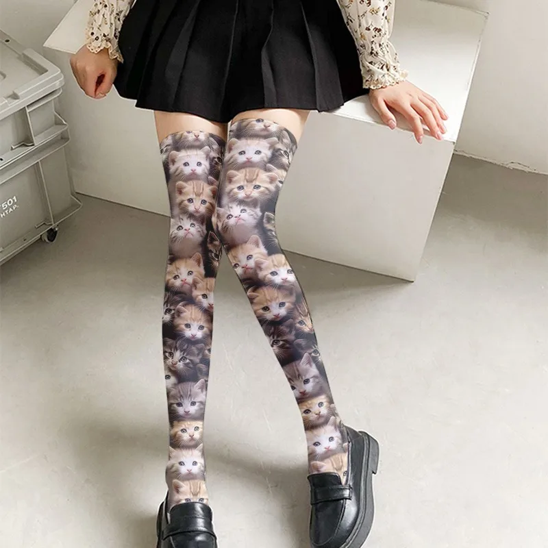 Printed Silk Stockings Thin Women\'s Spring and Autumn Japanese Lolita Cute Cat Knee High Long Tube White Velvet Socks