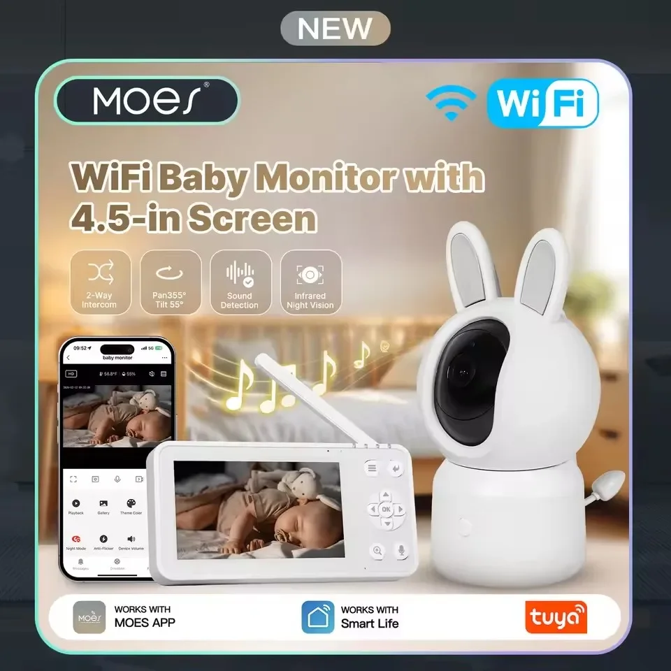 MOES Tuya WiFi Smart Baby Monitor Security Camera 4.5 Inch LCD Screen PTZ Zoom Video Surveillance Temperature Sensor Baby Monito