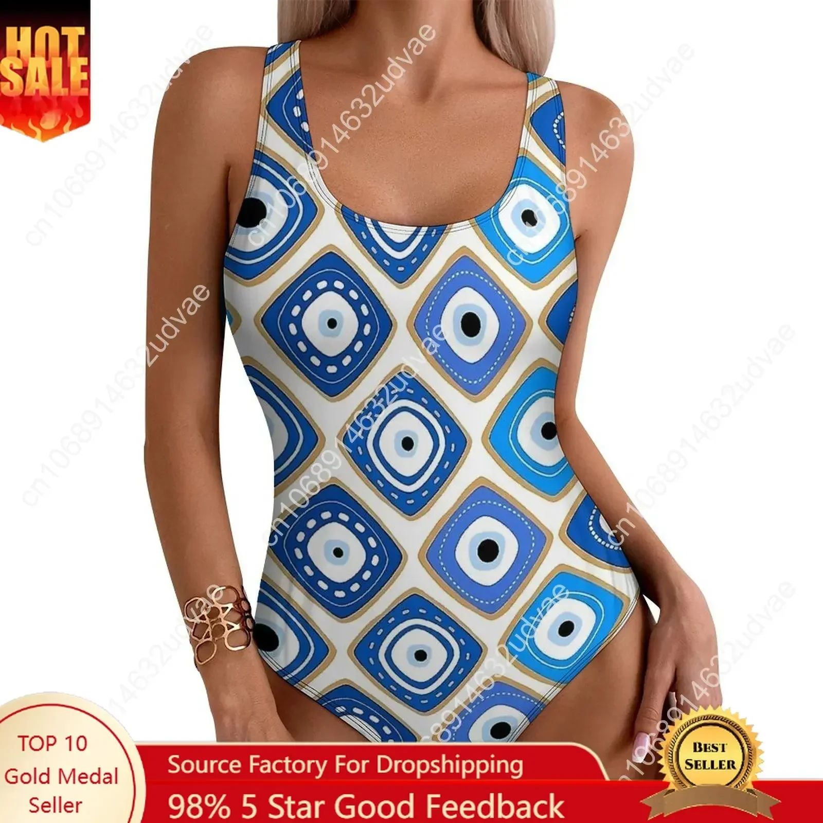 Blue Evil Eye Print Swimsuit Sexy  One Piece Swimwear Push Up Bodysuit Novelty Beach Beach Outfits