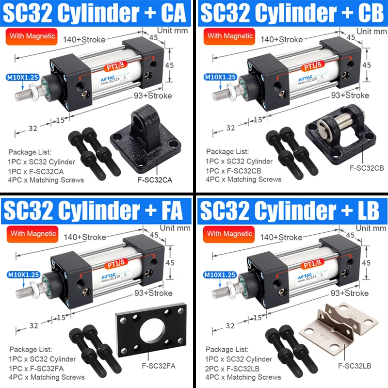 AirTac-SC-32 Zylinder, kleiner pneumatischer Zylinder, hohe Schubkraft, mit Halterung CA/CB/FA/LB/Y/U/I/F - Vielfältige Auswahl - Günstigere Preise – Detail 1