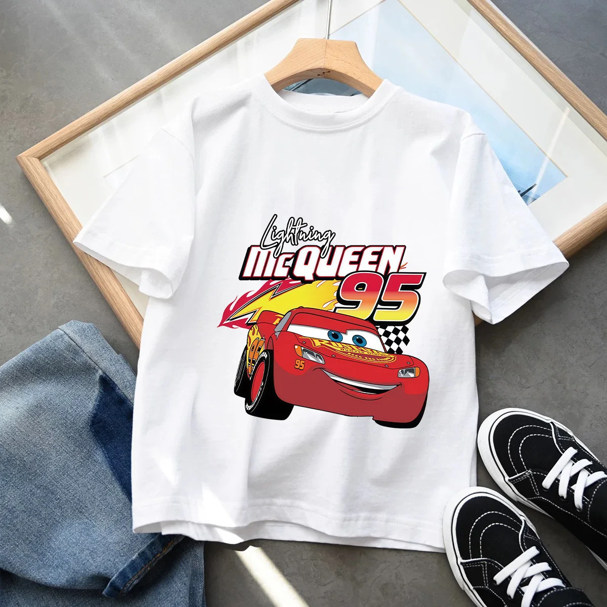 Summer 100% Cotton 2026 Summer New Disney Cars Lightning McQueen Around Short-sleeved Boys and Girls All-match T-shirt Clothes