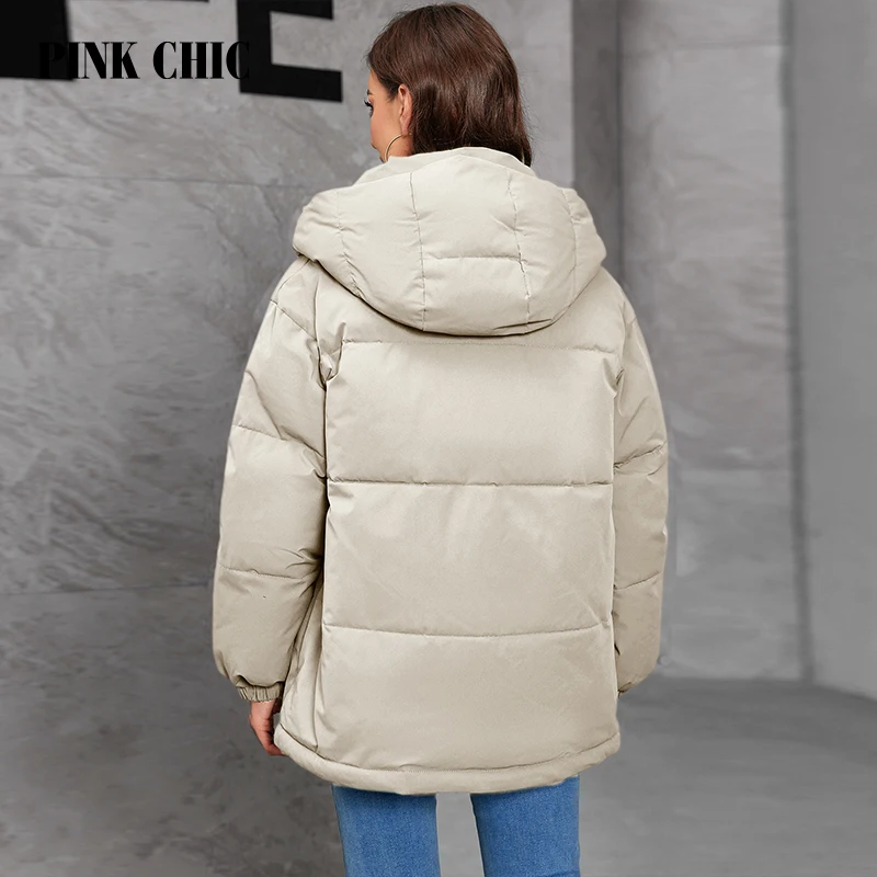 PINK CHIC 2024 New Women\'s Winter Short Jacket Winter Thick Hooded Cotton Coat Women\'s Loose Down Coat W9073