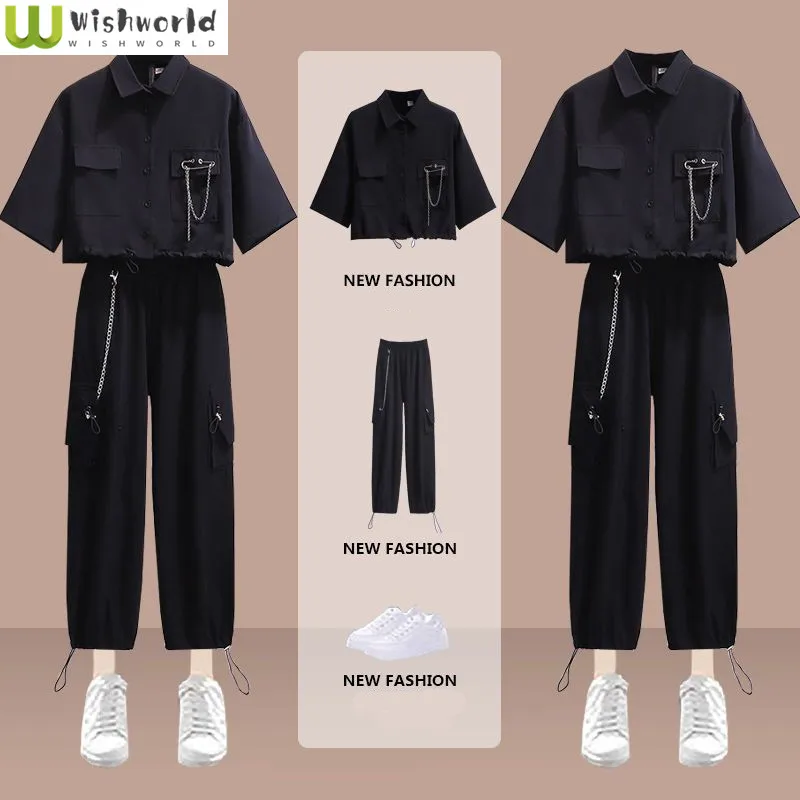 Summer Short-sleeved Chiffon Shirt Blouse Punk Style Overalls Two-piece Elegant Women's Pants Suit Street Tracksuit Outfits