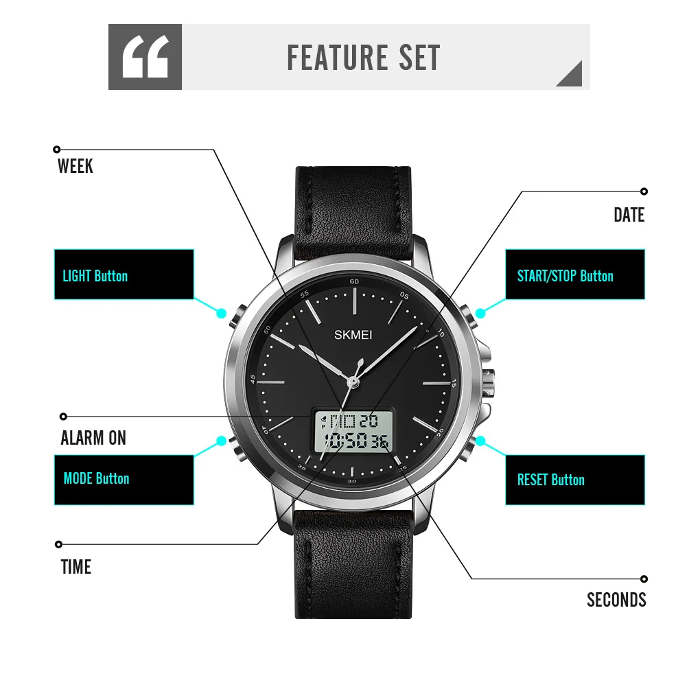 SKMEI 1652 reloj hombre Dual Display Casual Watches Men Chrono Alarm Digital Mens Wristwatch Leather Strap Waterproof Watch