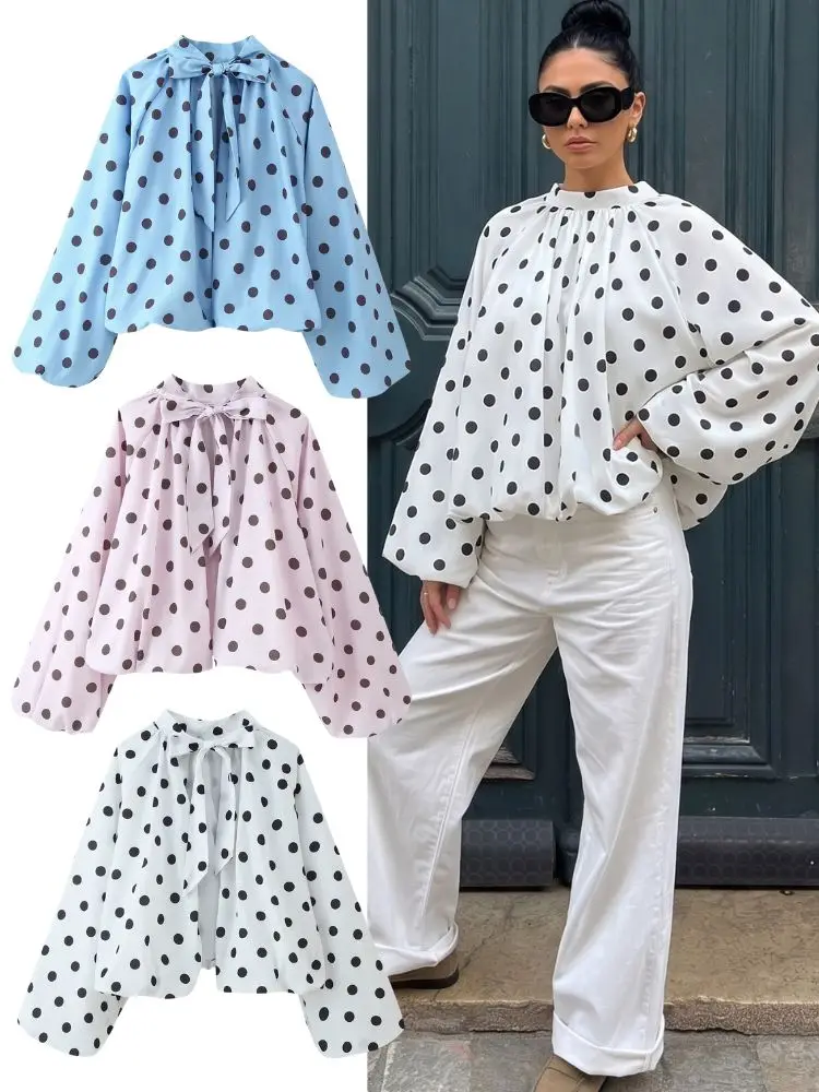 

HH Women Elegant Polka Dot Bow Lace-Up Shirt 2026 Summer O-Neck Lantern Sleeve Backless Loose Blouse Female Casual Back Slit Top