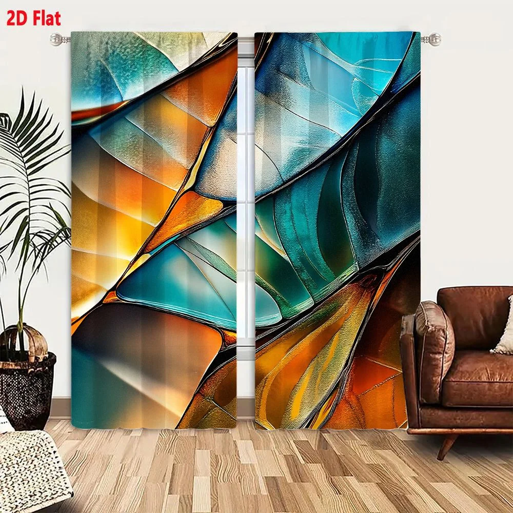 2Pcs Curtains Add 2D Flat Abstract Fluid Organic Shapes Glossy Metallic Wave Forms Golden Orange Amber Copper Teal Turquoise Dee