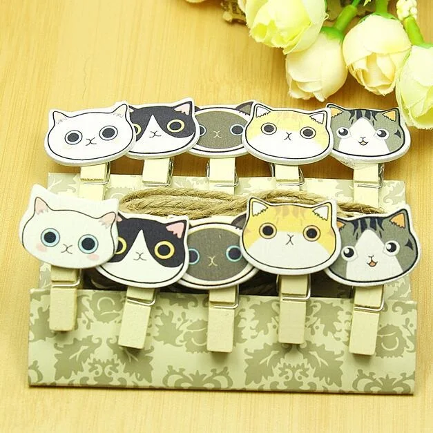 10pcs/pack Lovely Cat head Wooden Clip Photo paper Clothespin Clips with Hemp Rope school office supply