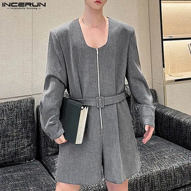 2024 Men Jumpsuits Solid Color O-neck Long Sleeve Zipper Streetwear Romper With Belt Personality Fashion Casual Overalls INCERUN