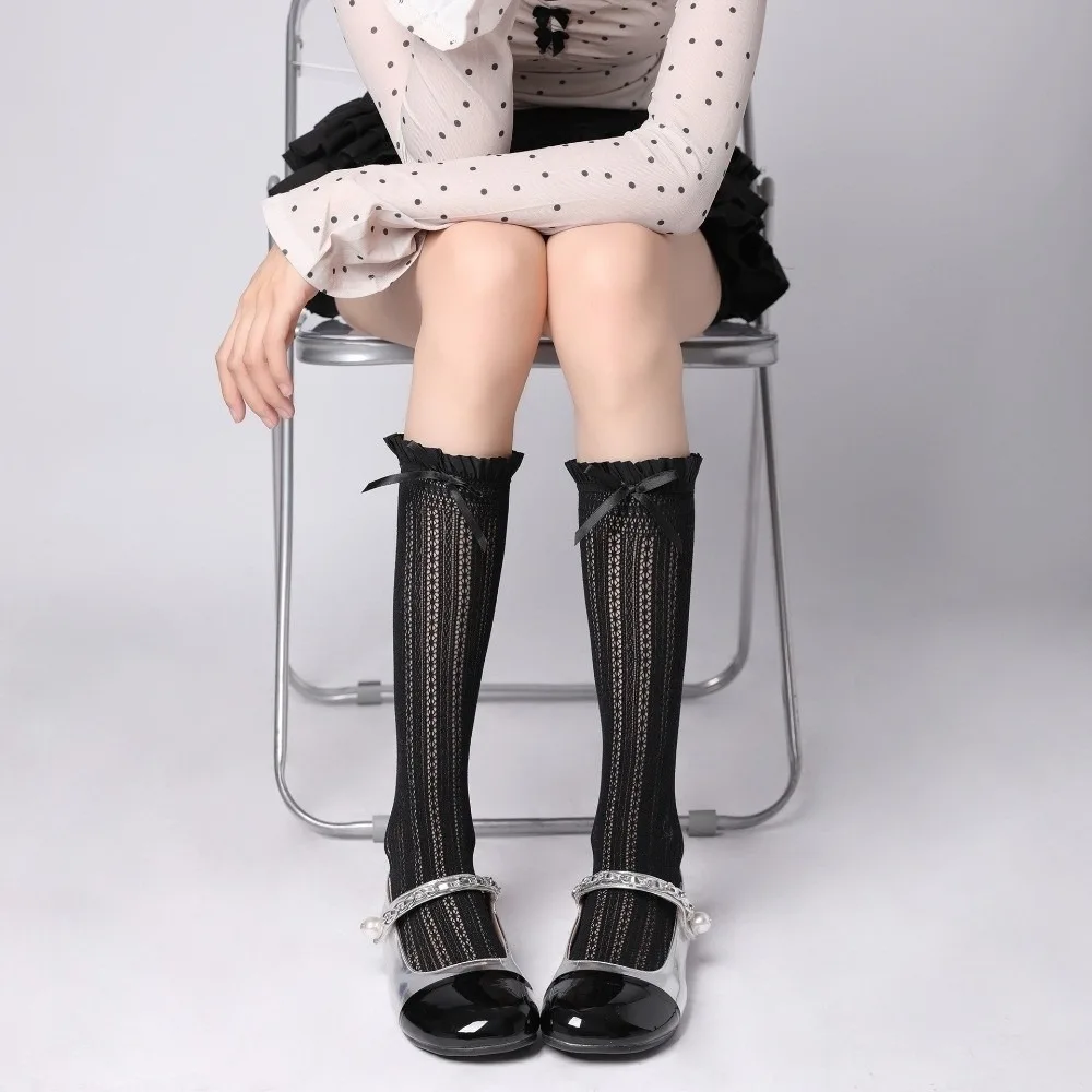 1 Pair Thin Hollow Lace JK Socks Solid Color Mesh Fishnet Calf Socks Ruffles Design Bowknot Design Long Socks Girls Wear