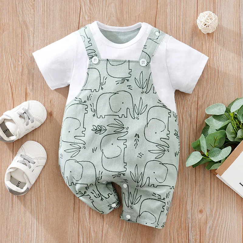 Summer Newborn Boys And Girls Cute Cartoon Strap Elephant Print Cotton Comfortable Short Sleeve Bodysuit