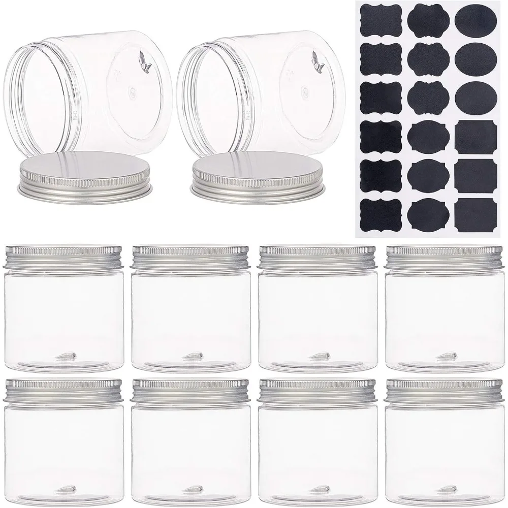 9 Pack 6.7oz Large Clear PET Plastic Storage Containers Jars with Aluminum Screw Caps 1 Sheet Sticker Label for Cosmetics DIY