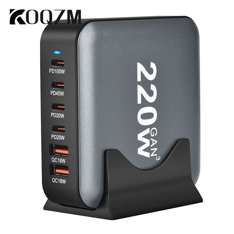 

220W GaN USB-C Desktop Charger 6-port PD Fast Charging Power Station Adapter For IPhone Laptop For Ipad Tablet Bussiness Trip