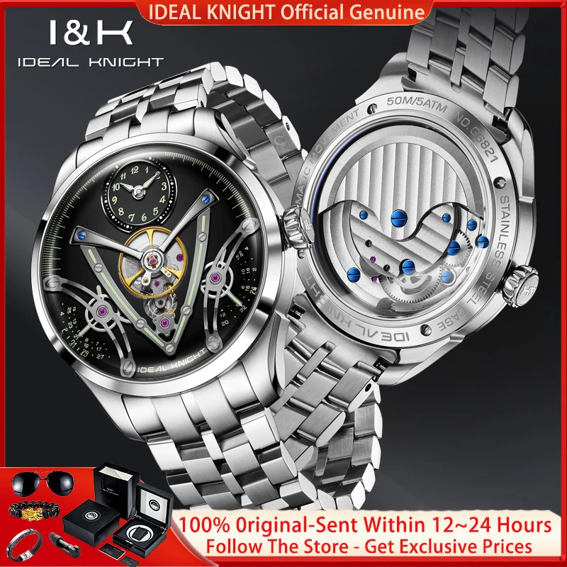 IDEAL KNIGHT Men Watch Top Luxury Brand Automatic Mechanical Watch Fashion Business Tourbillon Skeleton Men Watch Reloj 6821