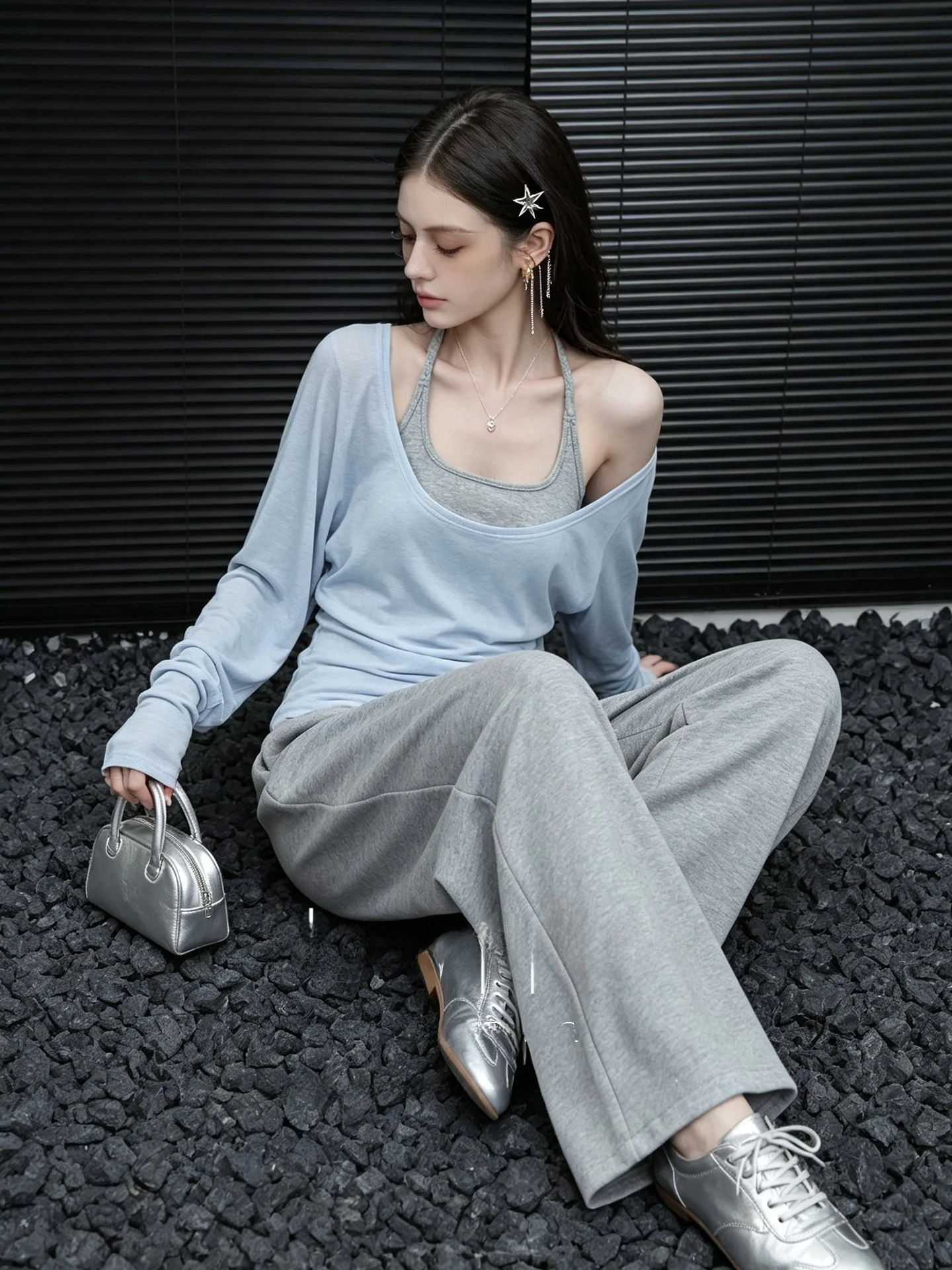 Huaappuw Unique Necklace Vest Set Blue Long Sleeve Layering Two-Piece Women's Fashion Autumn Collection Casual Style