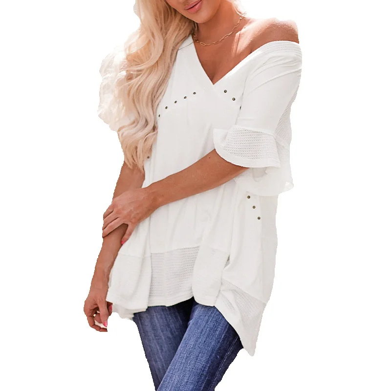 

Summer New Solid Color Contrast Knitted Panel V-Neck Rivet Shirt For Women Deep Hollow Edge Top