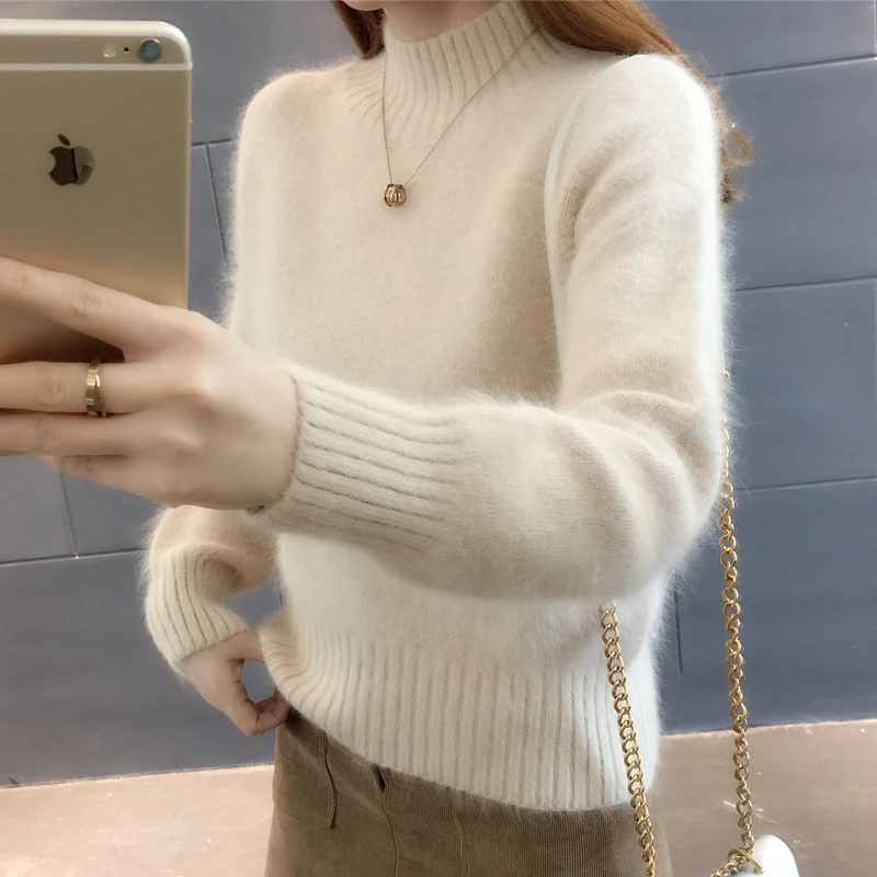 

Autumn Solid Color Knitting Sweater Women Short Knit Pullover Tops Soft Imitation Mink Cashmere Ladies Bottoming Knitwear Jumper