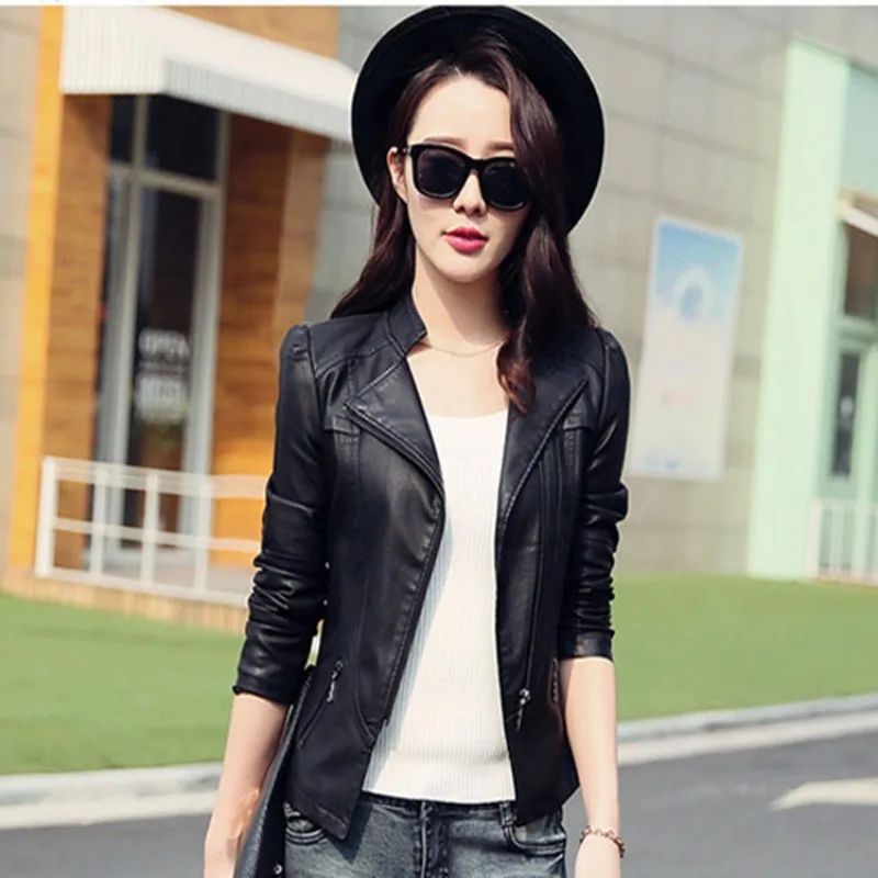 

2023 Spring Autumn New Temperament Commuter Thin Locomotive Pu Short-length Stand Collar Loose Simple Thin Leather Jacket Trend