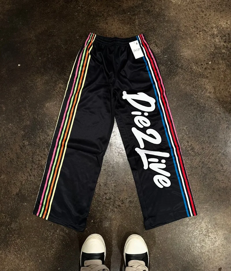 High Street Fashion Colorful Striped Letter Print Oversized Casual Pants Men Y2k Harajuku Retro Gothic Rock Straight Pants Women