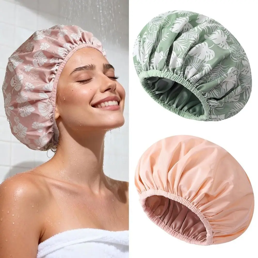 New Waterproof Shower Cap Double Layer Satin Lined Shower Bonnet Reusable Flower Printed Bath Cap Salon Use