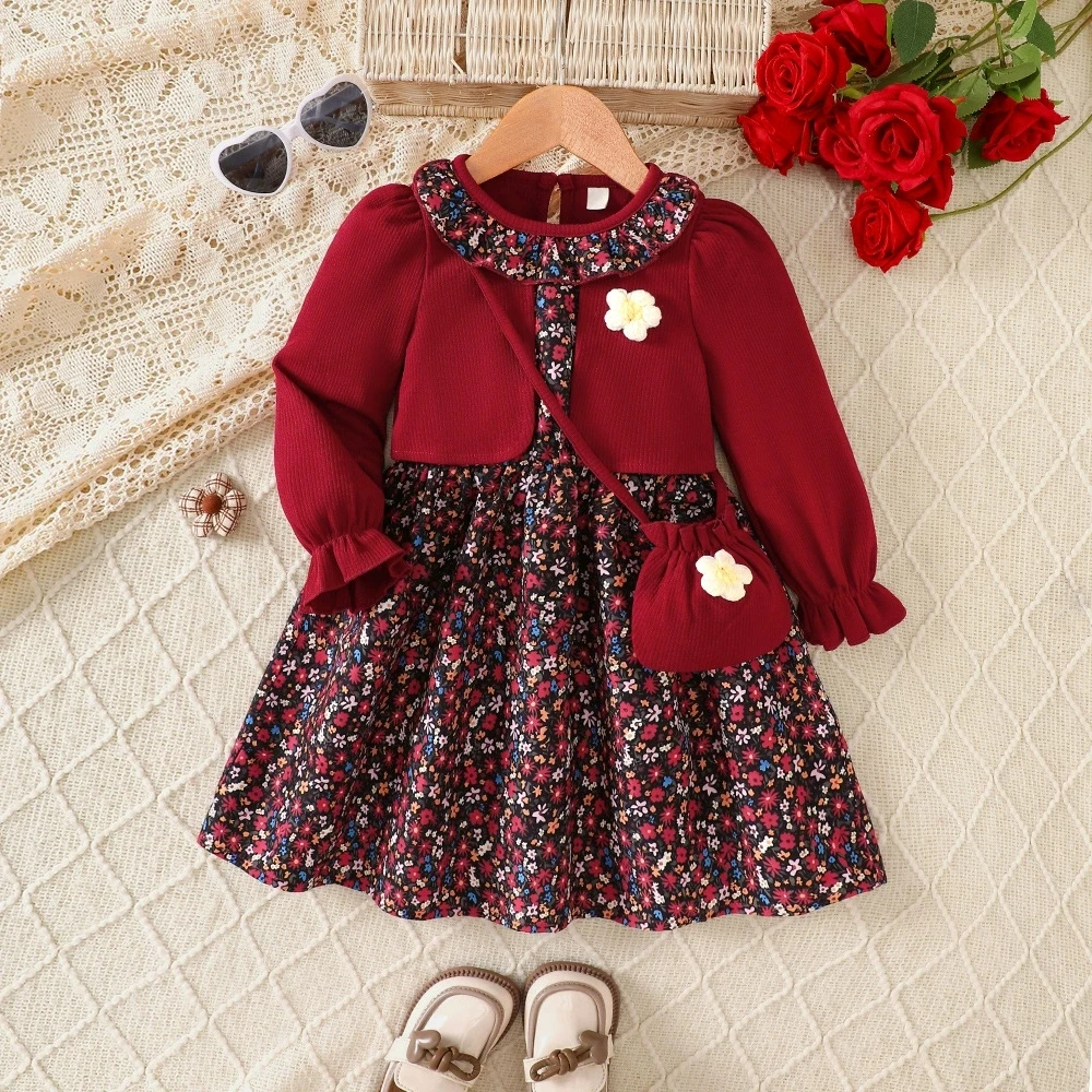 

3 Pcs Set Baby Girls' Fall Outfit Set Long Sleevel Skirt Dress with Long Sleeve Jacket Kids Girls Clothes for Daily Wear 2-7Y