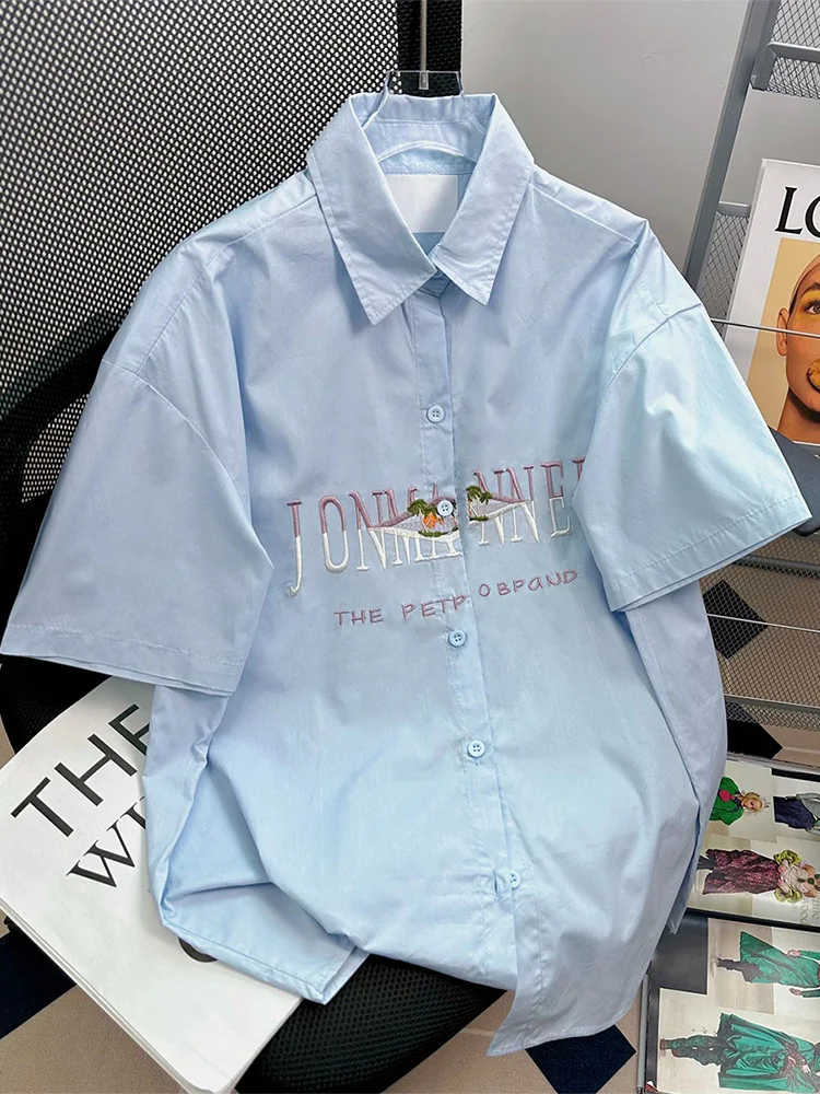 

Heavyweight Faion Letter Embroidery ort Sve irt Men's Women's Trendy Summer Soft Blue Chic irt Cotton 00%