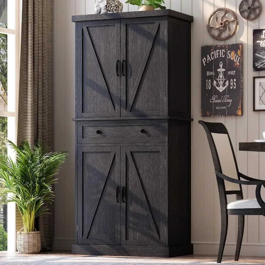 72 Tall Kitchen Pantry Cabinet Black Pantry Storage Cabinet with Adjustable Shelves Barn Doors and Drawer Farmhouse Cupboard fo