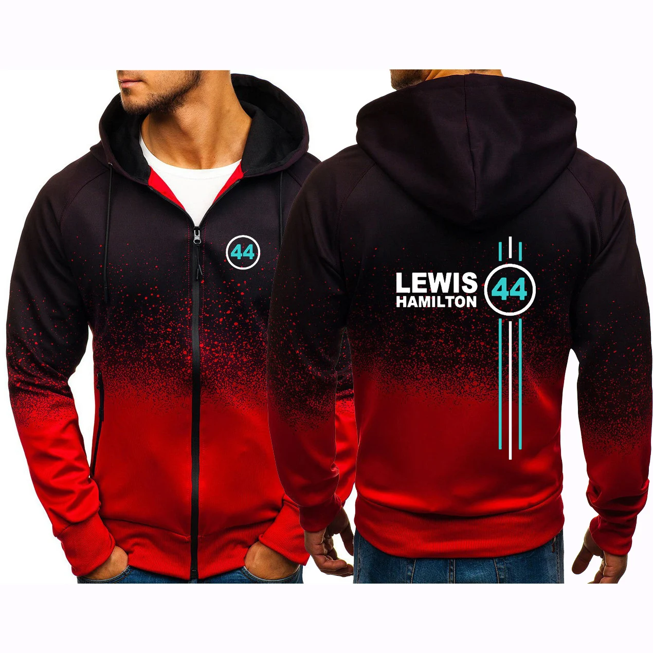 2025 F1 driver lewis hamilton number 44 men's long sleeve gradient zipper hooded sweatshirt fashion casual pullover top.