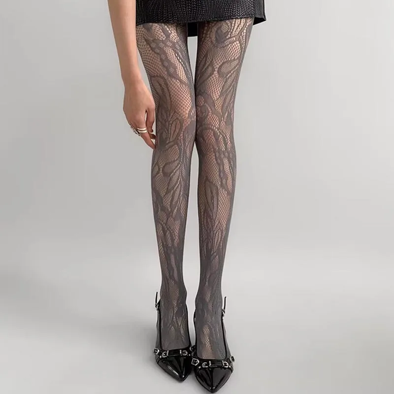 Sexy Floral Tights Sheer Openwork Jacquard Lace Fishnet Pantyhose Women Fashion Design Stretch Mesh Stockings Elastic Leggings