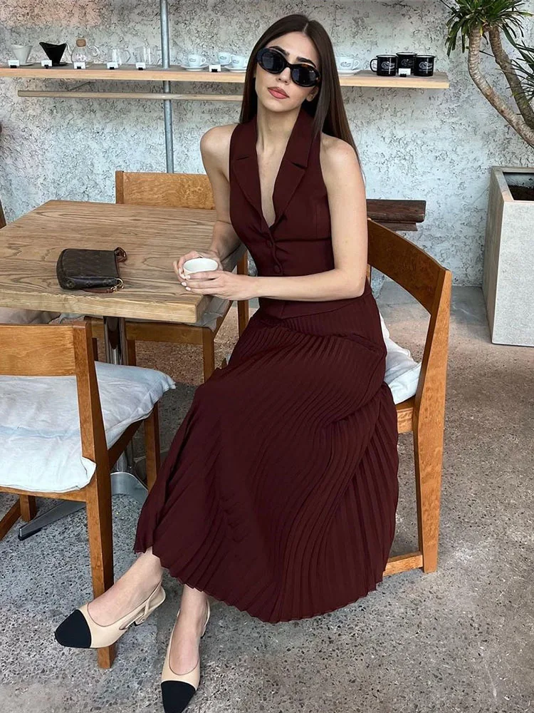 Work Office Lady Two Piece Skirt Set Summer Elegant Sleeveless Vest With High Wiat A Line Pleated Skirt Women Two Piece Dress