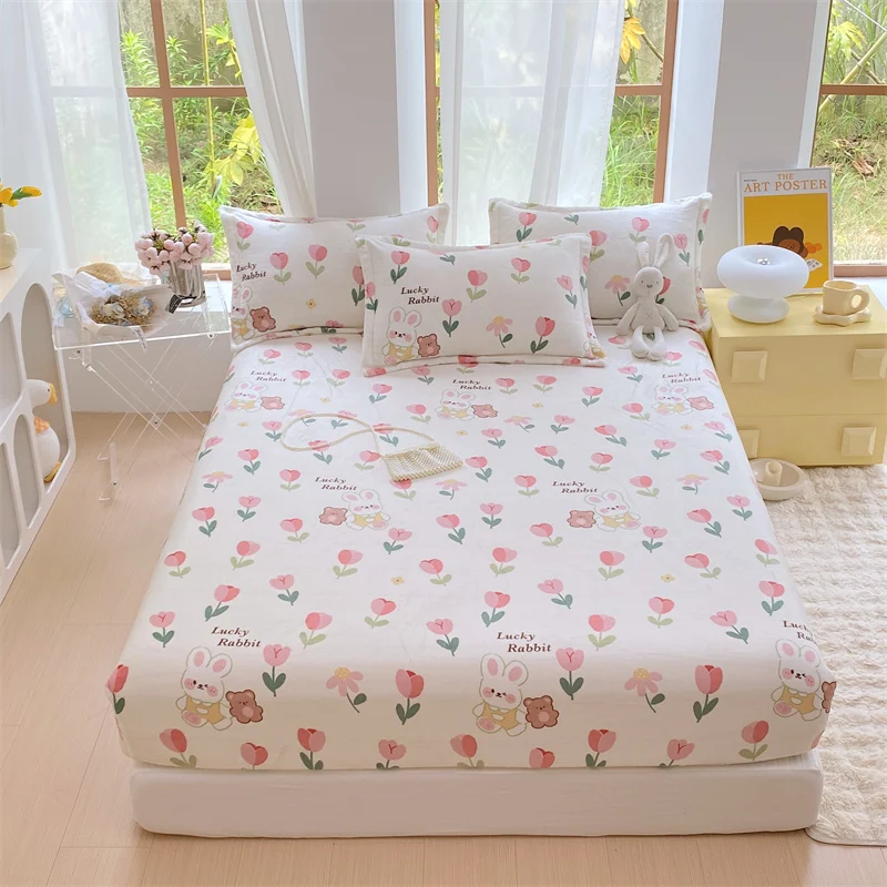 Cartoon Plant Flower Flannel Fitted Sheet Set, Autumn Winter Warm Thickened Bedding 3 Piece Set, Cute Animal Pattern Bedspreads