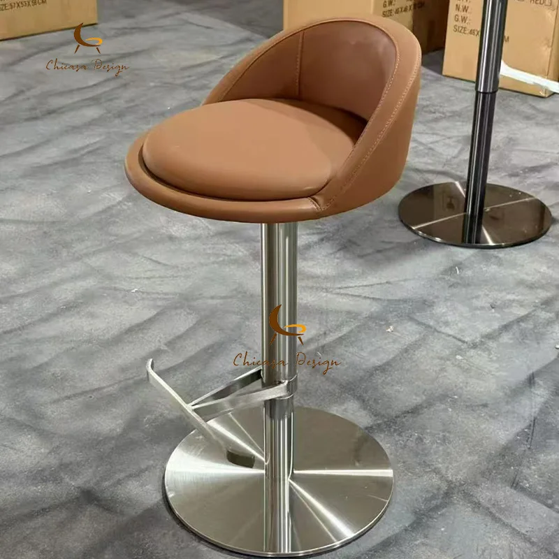 Modern Brown Leather Swivel Bar Chair For Kitchen Use Nordic Luxury Metal Stainless Steel Frame Adjustable Height Bar Stools