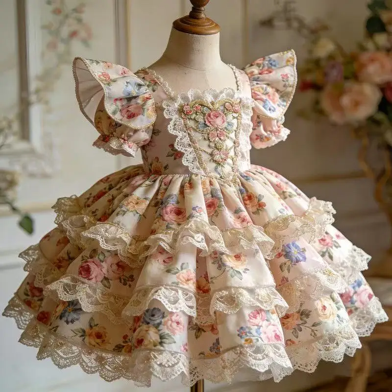 Kids Girl Lolita Princess Dress New Ruffle Sleeveless Collection Lace Children Girls Elegant Birthday Festival Layered Dresses