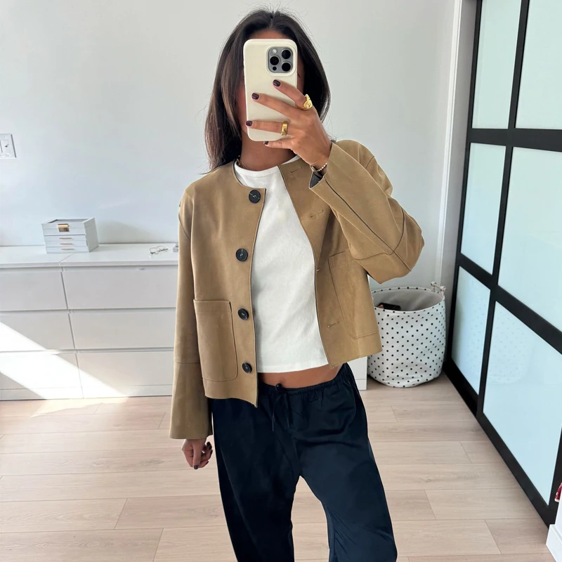 TRAF Suede Bomber Jacket Woman Autumn Outerwears Jackets for Women Long Sleeve Button Jacket Women Streetwear Overcoat Female