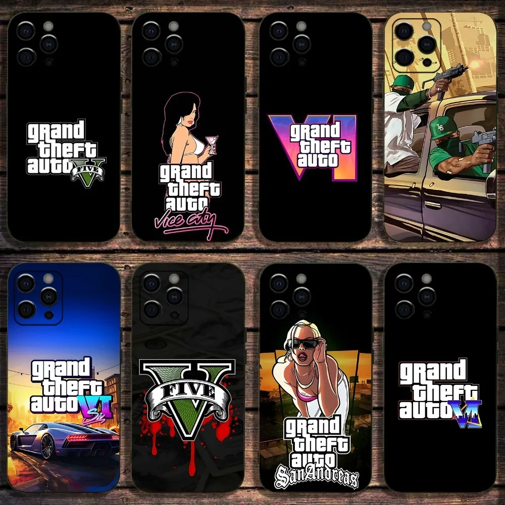 Game G-GTA 5 6 Vice City Phone Case For Apple iPhone 15,14,13,12,11,Pro,X,XS,Max,XR,Plus,Mini Soft Black Cover