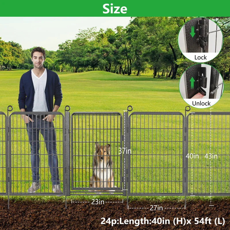 Decorative Metal Dog Fence Panel Garden Fence with Gate 40 in(H) X 54ft(L) Outdoor No Dig Fences 24 Panels Animal Barrier Fence