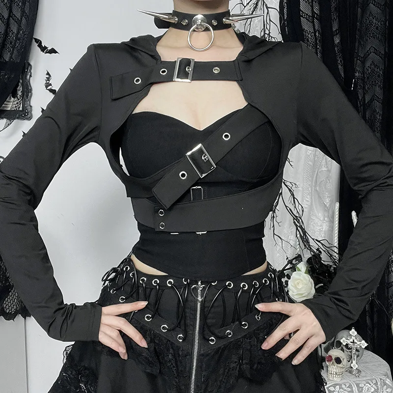 Vestes gothiques Harajuku pour filles et femmes, Streetwear Cyber Punk Grunge ajouré à manches longues, manteaux courts à capuche, tenues Rave Vintage